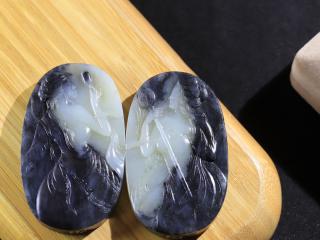 和田玉青花籽料仕女对牌 玉质温润 油性十足 精工雕琢"素手把芙蓉,虚
