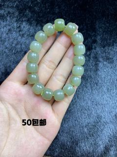 和田玉青海料湖水绿手串 卡11*12老型珠 无纹裂带草花 有一颗珠子还是