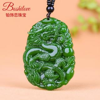 铂饰恋龙牌吊坠和田碧玉霸气挂件菠菜绿玉牌子和田玉龙项链玉