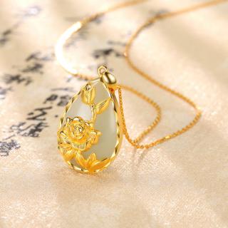 潮宏基 金莲花 金镶玉黄金吊坠女士足金和田玉吊坠白玉挂坠生日礼物金