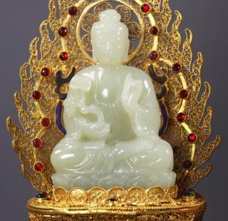臻品旧藏纯手工打造花丝鎏金镶嵌和田玉佛像一套 高27.5厘米,长30.5厘