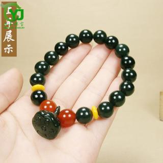 永杰珠宝 和田玉手链 青玉莲蓬配饰隔珠首饰手串 男女款礼物带证书 珠