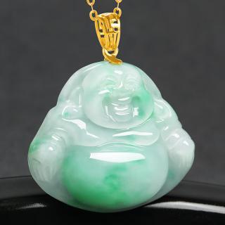 7000年和田玉18k金镶嵌翡翠佛吊坠女笑佛玉石弥勒佛玉坠