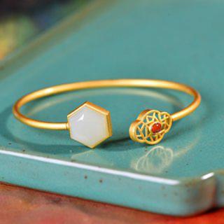 古法银镶嵌和田玉棱形配多宝手镯