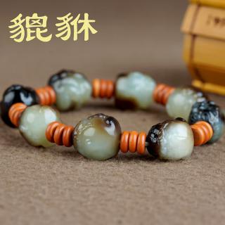 歌盼 天然和田玉籽料黑皮俏色貔貅手串 男女款玉石单圈手链橄榄核隔片