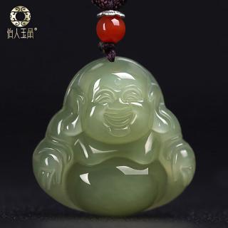 怡人玉品和田玉弥勒佛吊坠 湖水绿大肚佛项链 青玉笑佛 佛公玉 浅青色