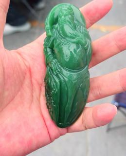 和田玉碧玉关公手把件,老料阳绿色