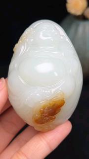 和田玉糖白玉挂件手把件弥勒佛 天然红糖 糖色漂亮 白度好